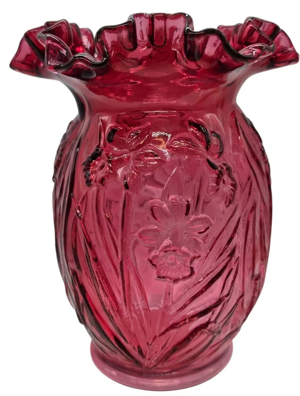 VINTAGE FENTON CRANBERRY RUFFLED DAFFODIL VASE CRIMPED RUFFLED TOP 8
